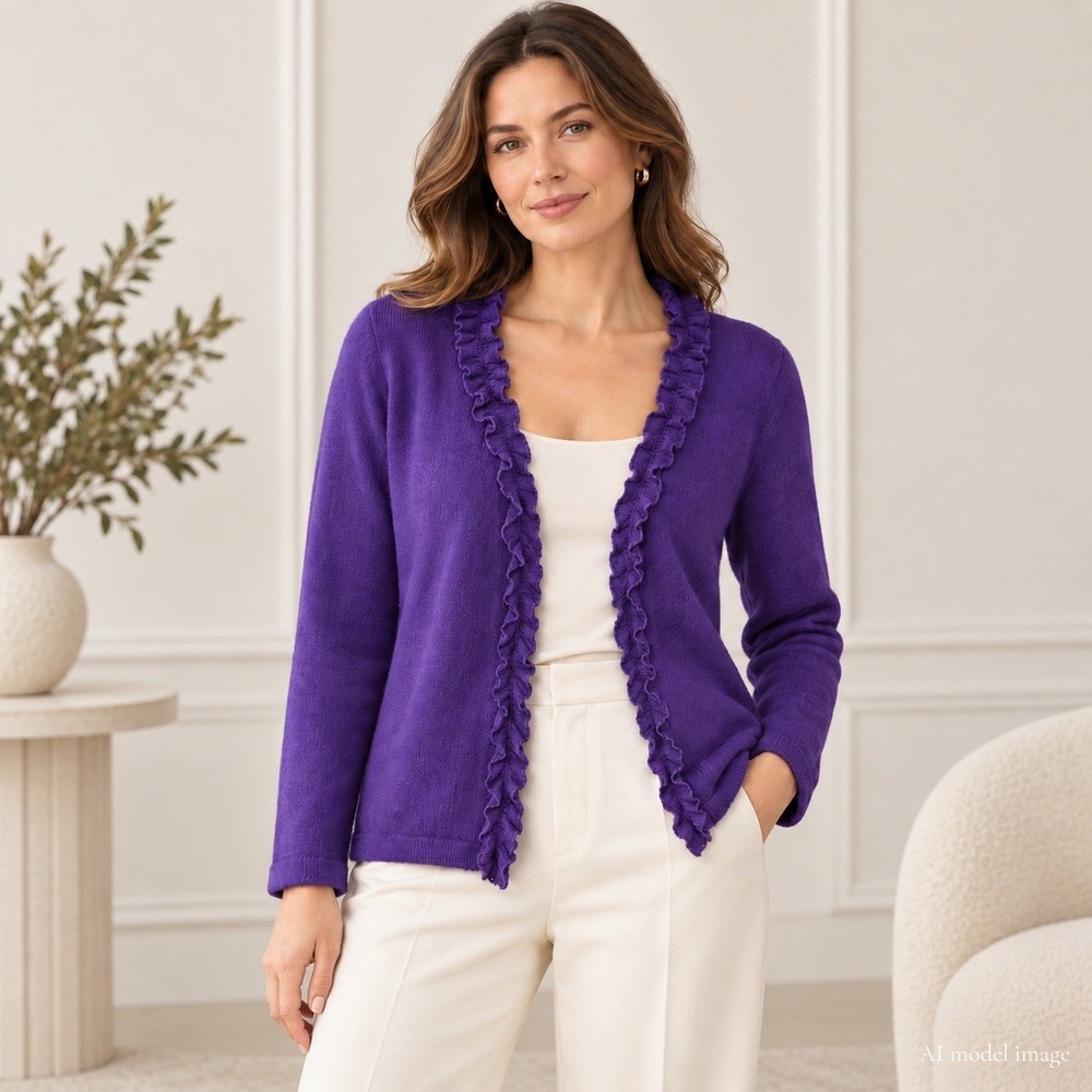 Fenn Wright Manson Cardigan Women's L Purple Merino Wool Ruffle Open Front
